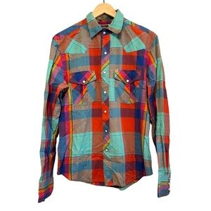 Salt Valley Western Men Plaid Button Down Long Sleeve Shirt Green Blue Red Small